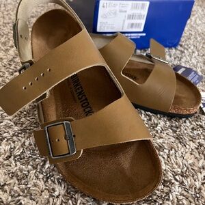 New Birkenstock Men Milano Sandals Leather Vintage Wood Faded Khaki Size 8-8.5